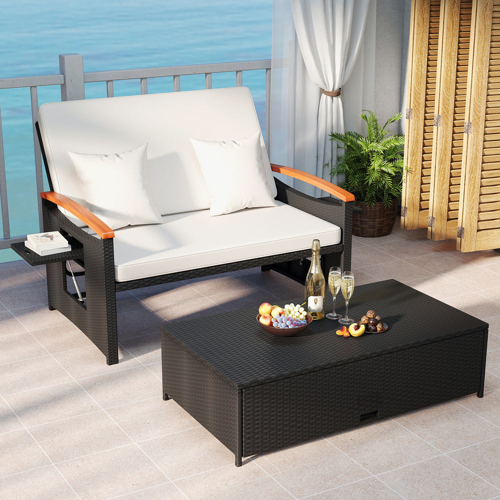 Outdoor Wicker Daybed with Folding Panels and Storage Ottoman-White - Gallery View 1 of 12