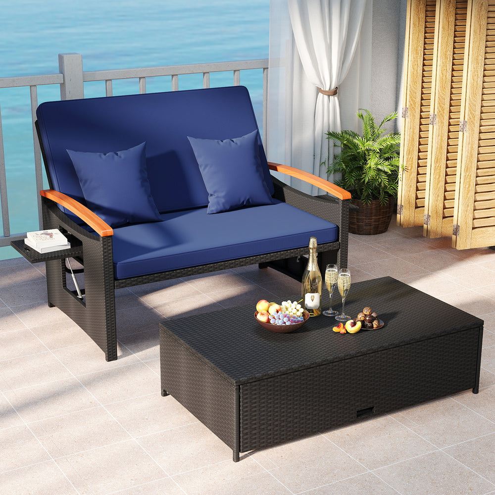 Outdoor Wicker Daybed with Folding Panels and Storage Ottoman-Dark Blue - Gallery View 1 of 12