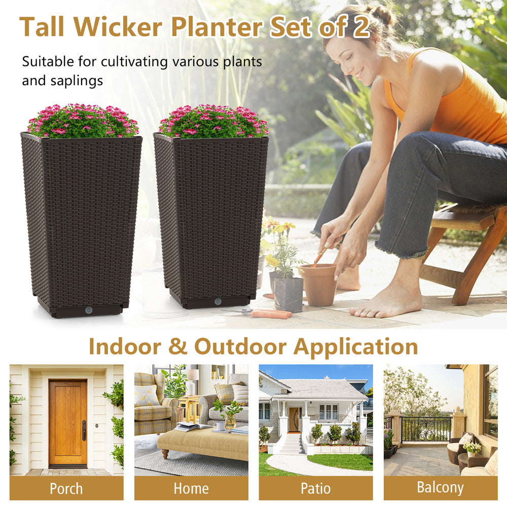 Tall wicker flower pots set of 2 in brown, ideal for indoor and outdoor use, featuring drainage holes for optimal plant.