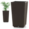 Brown outdoor wicker flower pot with drainage hole, ideal for porch or balcony, featuring self-watering disk and.