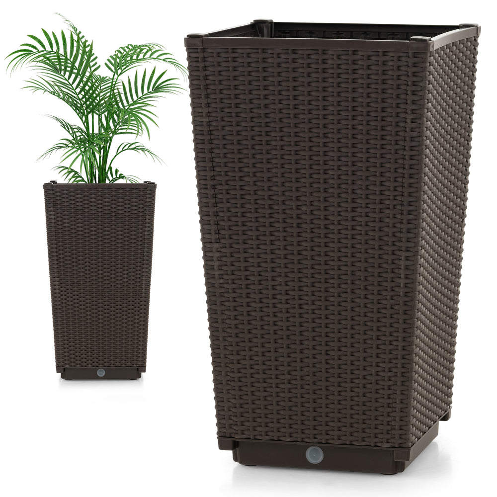 Brown outdoor wicker flower pot with drainage hole, ideal for porch or balcony, featuring self-watering disk and.