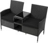 Outdoor wicker patio loveseat with built-in tempered glass side table and soft cushions for comfortable seating.