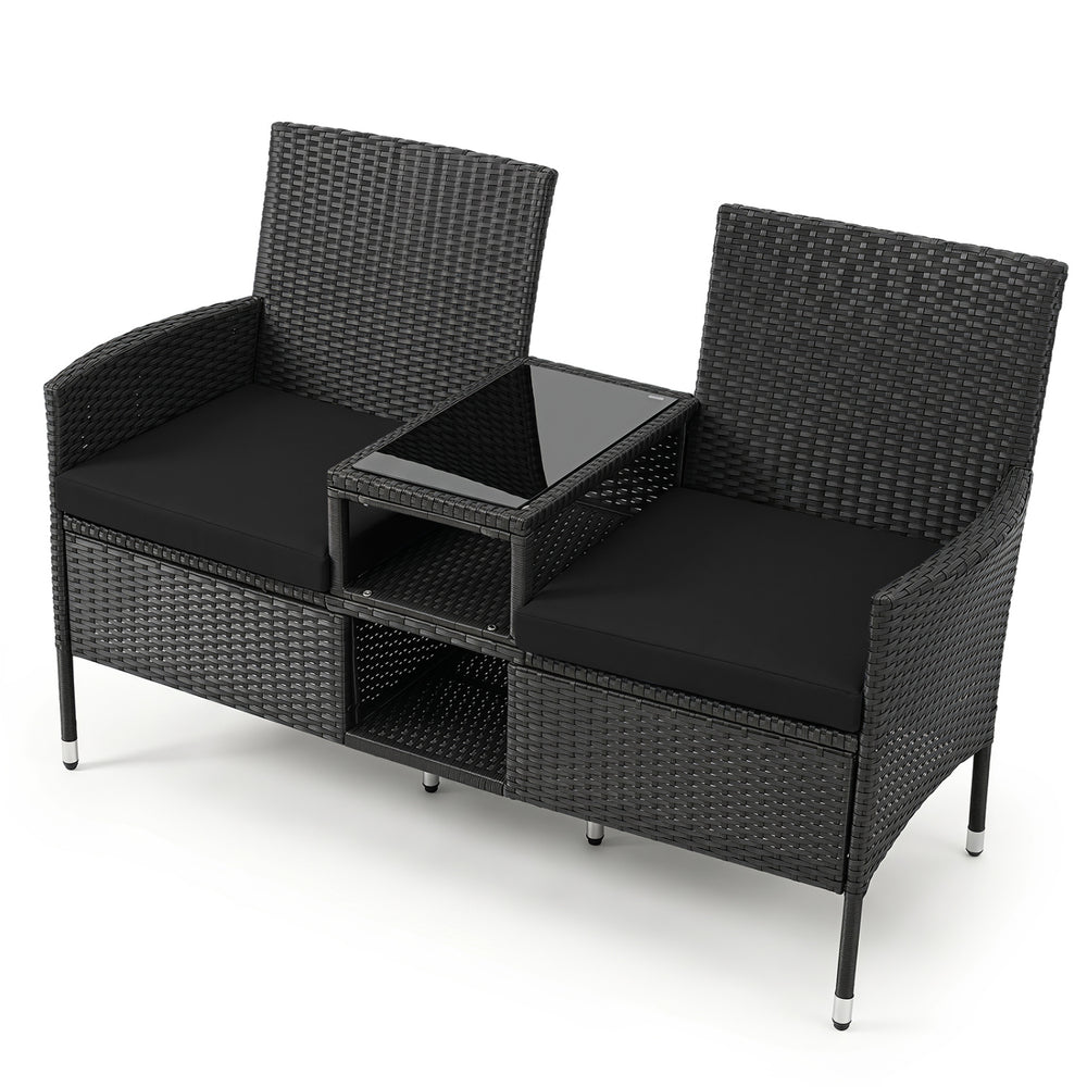 Outdoor Wicker Patio Loveseat with Built-in Glass Side Table-Black - Gallery View 1 of 1