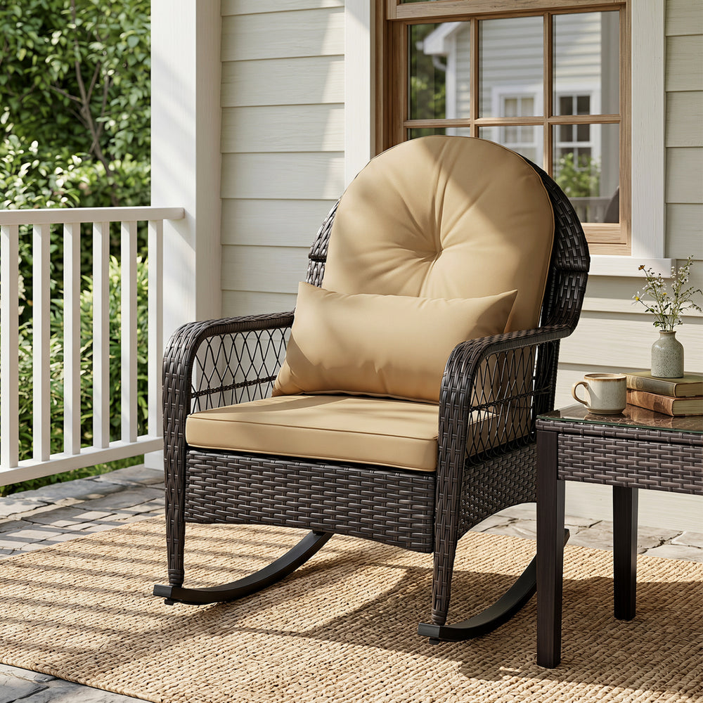 Outdoor Wicker Rocking Chair with Anti-Tip Stoppers 400 LBS for Porch Deck-Brown - Gallery View 1 of 9