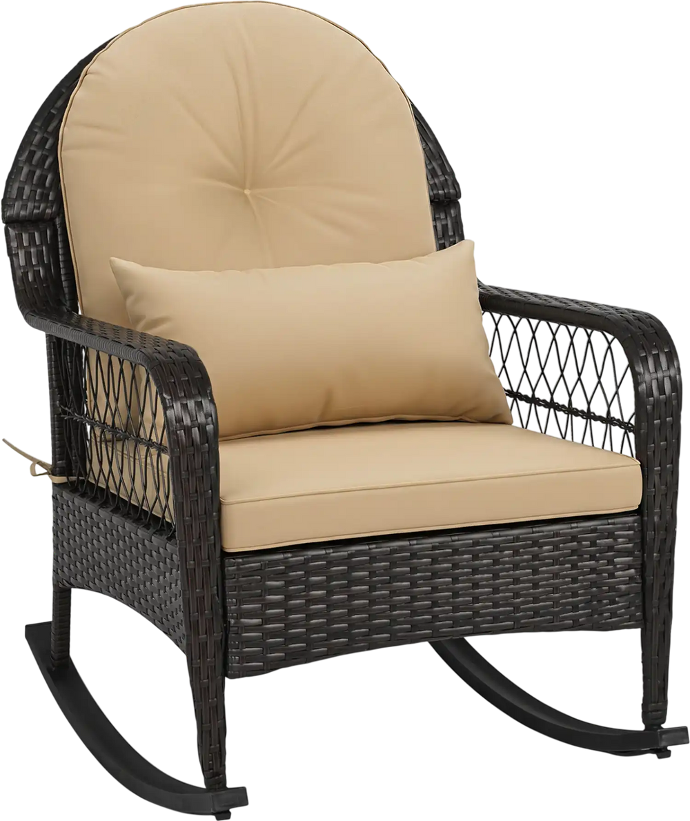 Outdoor wicker rocking chair in brown with thick cushions, designed for comfort and stability, suitable for porch or patio.