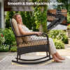 Outdoor wicker rocking chair in brown with anti-tip stoppers, designed for comfort and stability on your porch or patio.