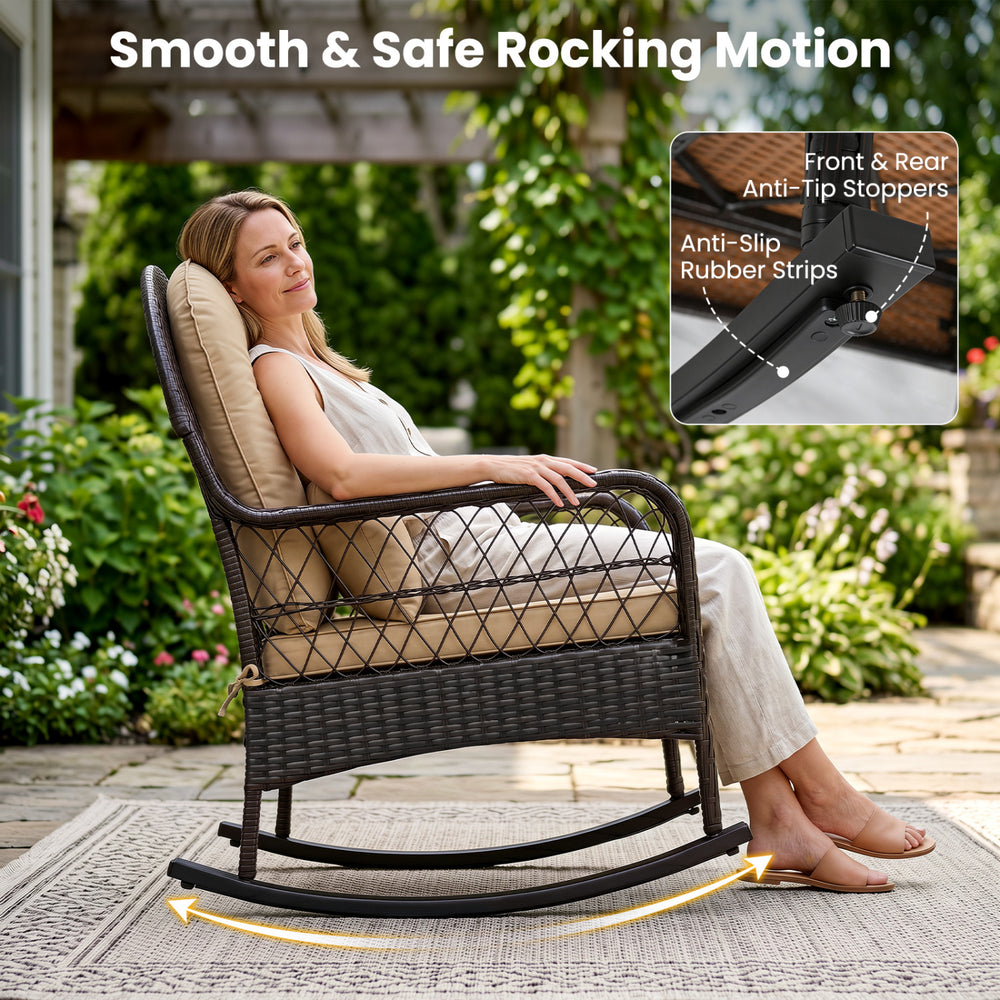 Outdoor wicker rocking chair in brown with anti-tip stoppers, designed for comfort and stability on your porch or patio.