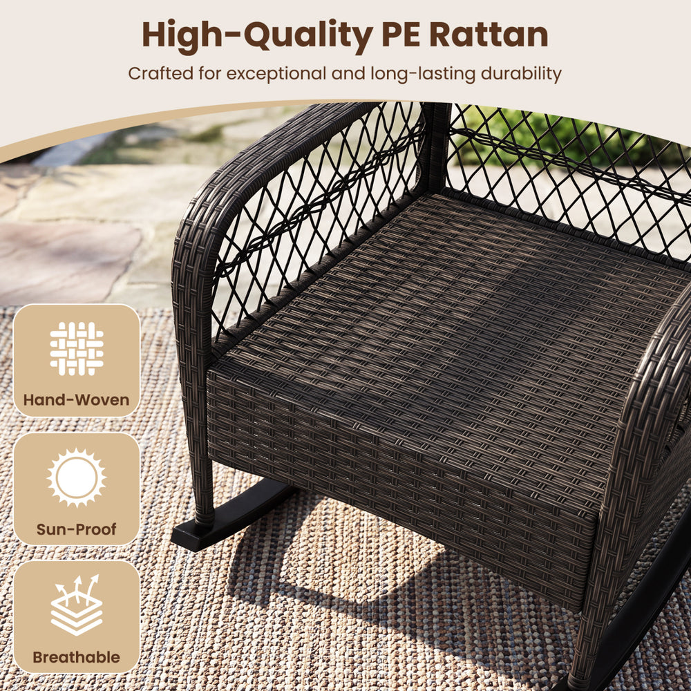 Outdoor wicker rocking chair made of high-quality PE rattan, featuring anti-tip stoppers and a comfortable deep seat cushion.