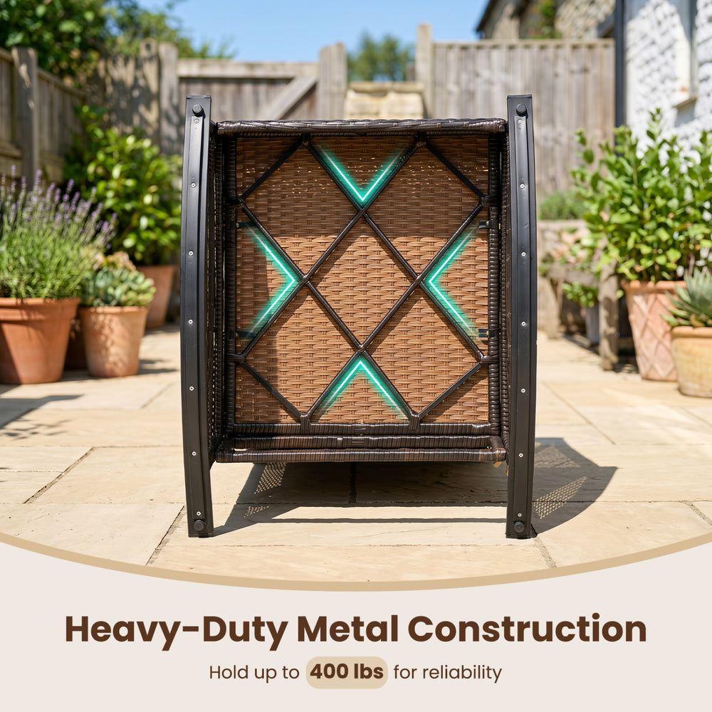 Outdoor wicker rocking chair with heavy-duty metal construction, supporting up to 400 lbs, ideal for porch or patio use.