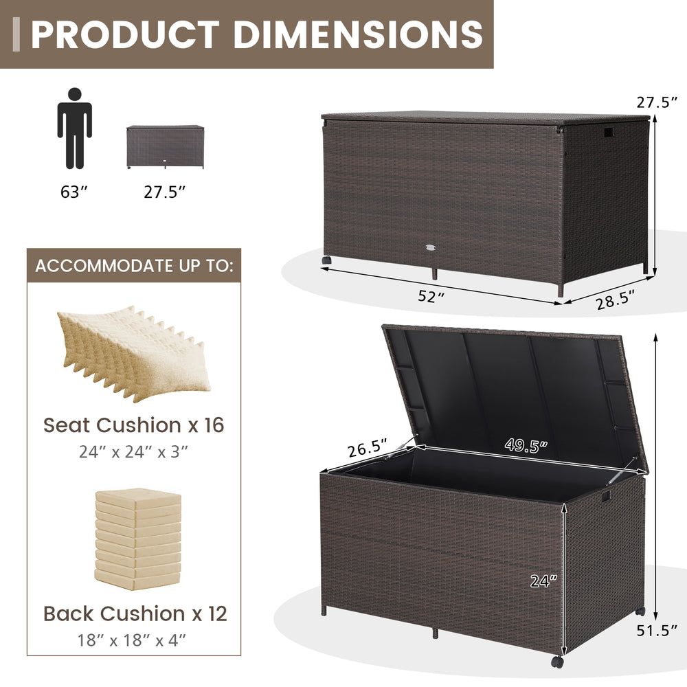 Outdoor wicker storage box with zippered liner, 133-gallon capacity, waterproof, ideal for patio or poolside use.