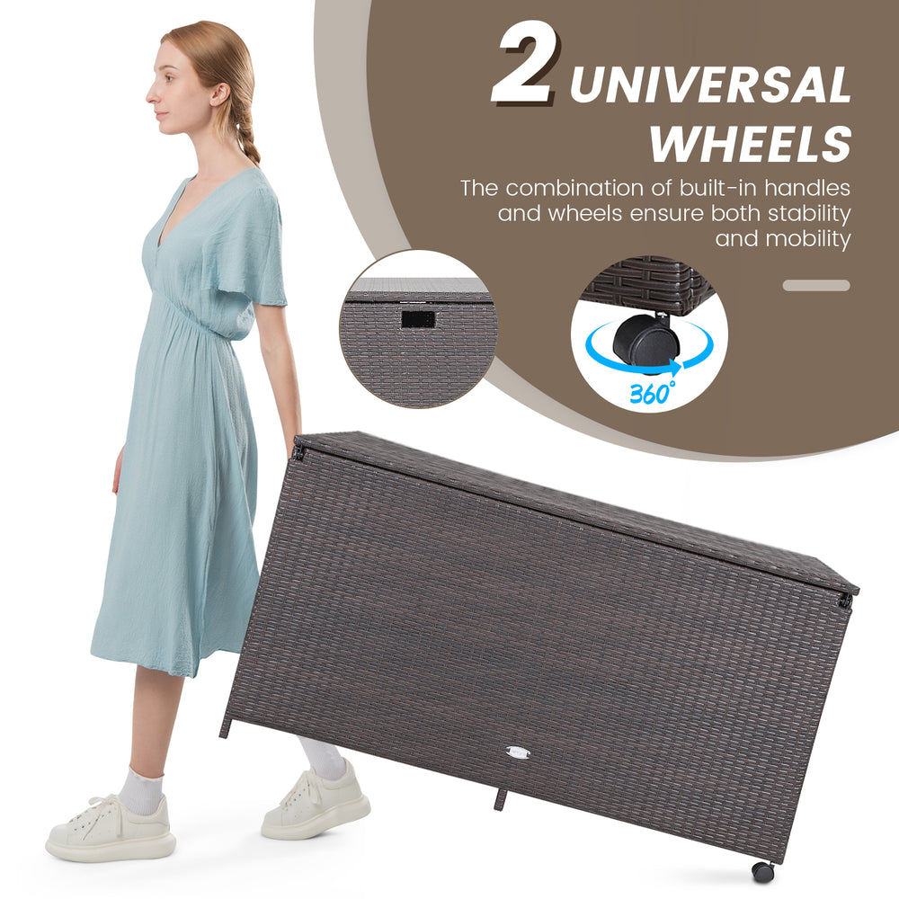 Outdoor wicker storage box with 133-gallon capacity, featuring a zippered liner, wheels, and handles for easy mobility.