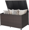 Outdoor wicker storage box with zippered liner, 133-gallon capacity, placed on patio for versatile storage and elegance.