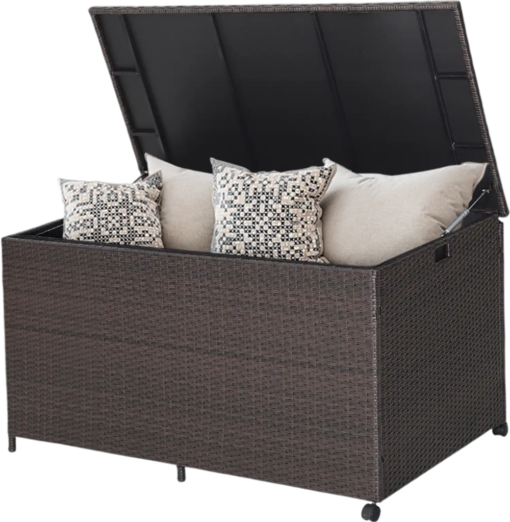 Outdoor wicker storage box with zippered liner, 133-gallon capacity, placed on patio for versatile storage and elegance.