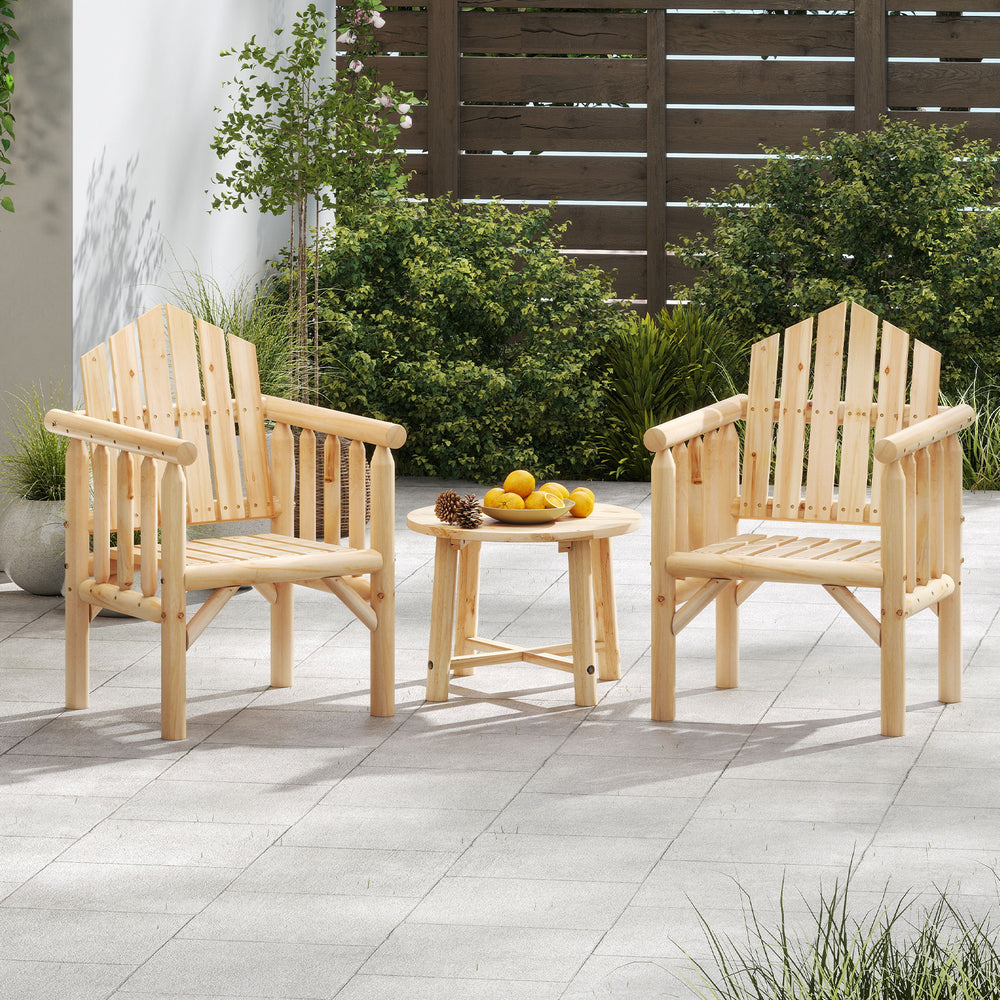 Natural wood armchairs with armrests and a round side table, perfect for outdoor patio relaxation and dining.