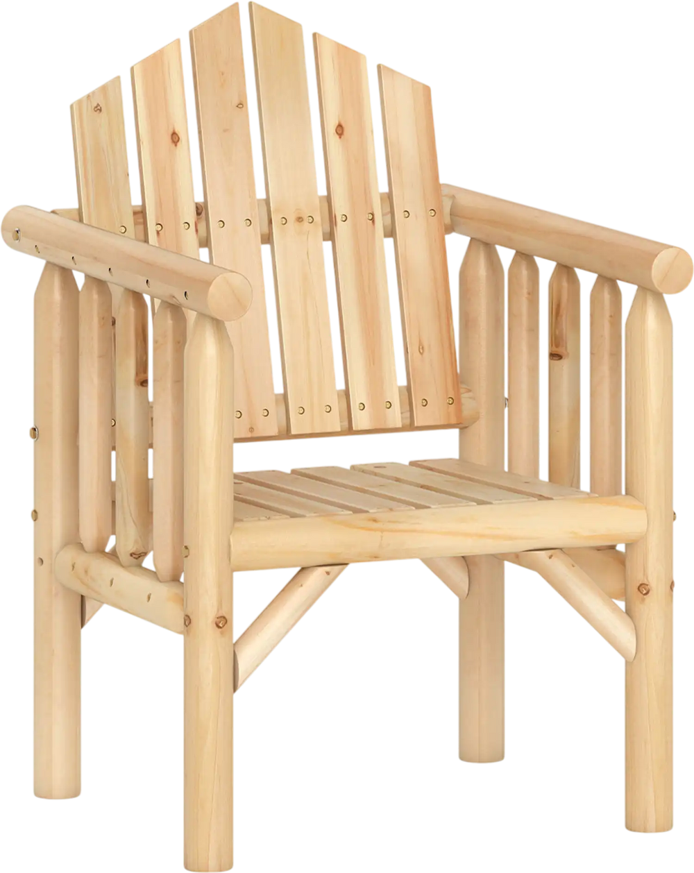 Natural wood armchair showcasing a smooth surface and rounded edges, ideal for outdoor relaxation on patios or by the.
