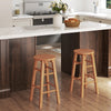 Set of 2 natural wood bar stools with round seats and footrests, perfect for outdoor patios or home kitchens.