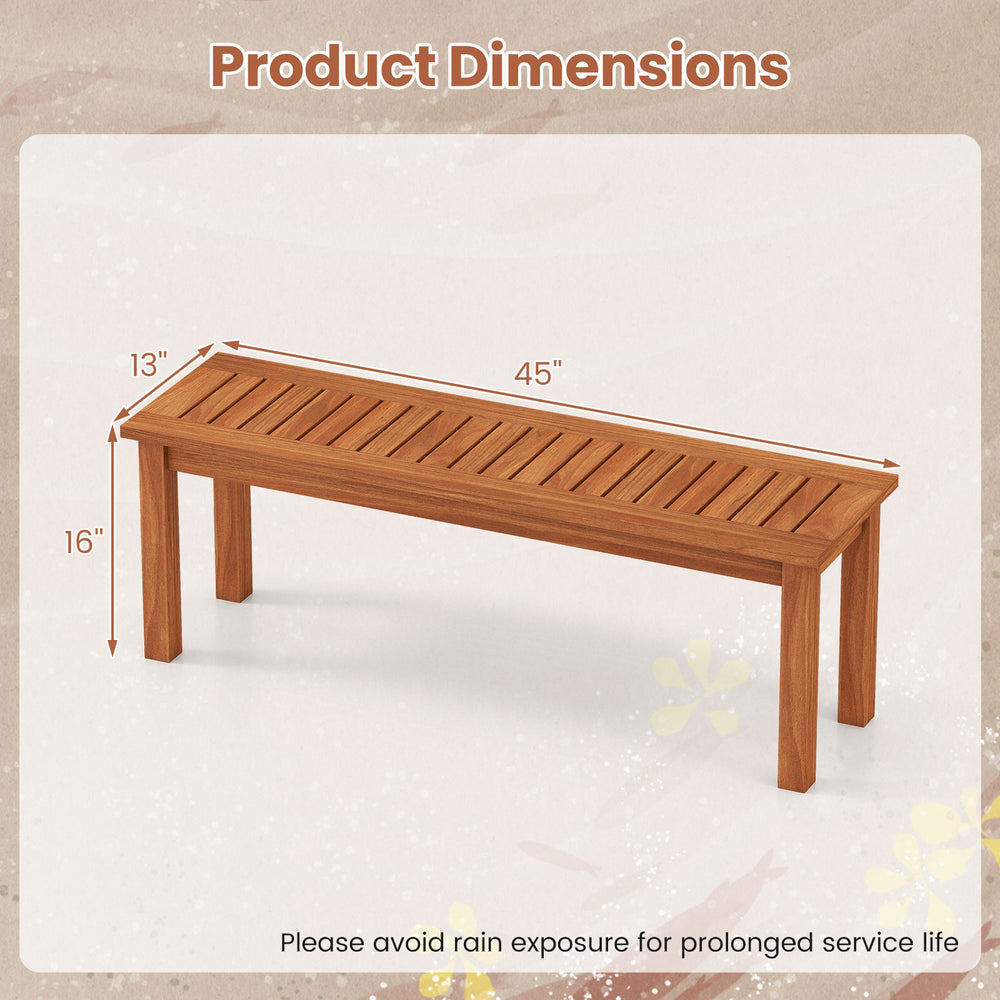 Dimensions of the Outdoor Wood Bench, 2-person backless patio bench with slatted seat, ideal for garden or patio use.