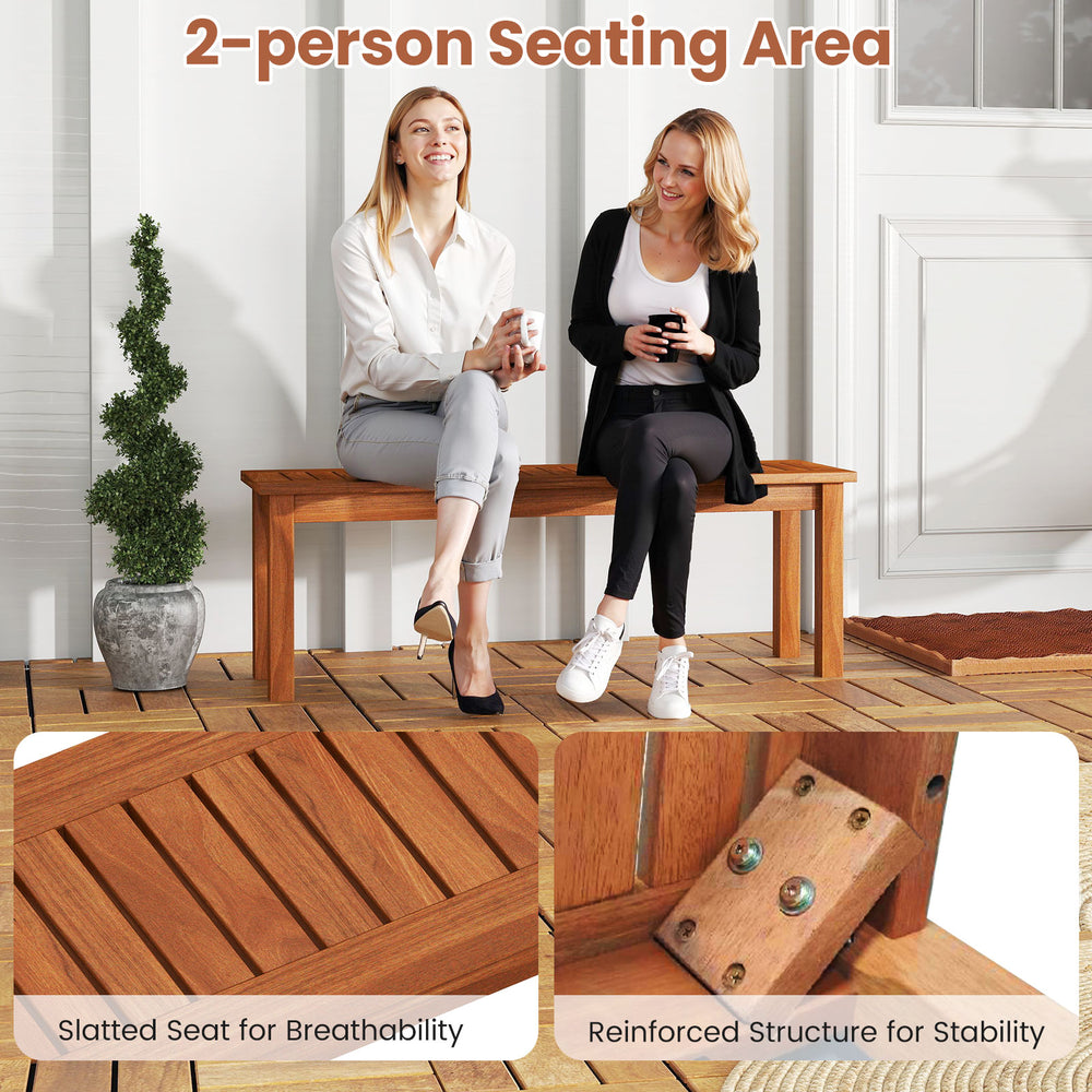 Backless outdoor wood bench for 2-person seating, featuring a slatted seat for breathability and reinforced stability.