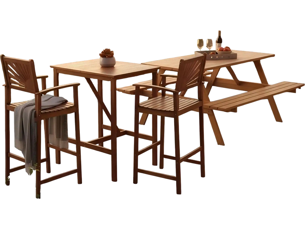 Outdoor Wood Picnic Table with Benches & Bar Table with 2 Stools