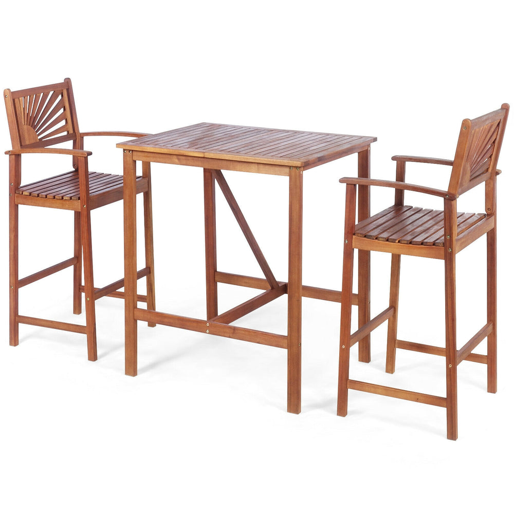 Outdoor wood picnic table set with two stools, featuring robust acacia wood construction and slatted design for easy.