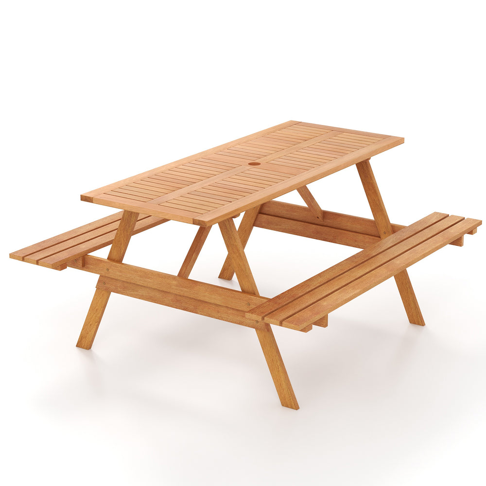 Outdoor wood picnic table with benches, 59" slatted design for 6 people, perfect for backyard gatherings and easy.