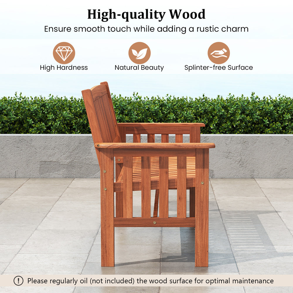 Side view of the outdoor wood garden bench with backrest and armrests, featuring natural wood grain for patio.