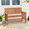 Two-person outdoor wood garden bench with slatted seat and armrests, perfect for patio or garden relaxation.