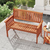 Two-person outdoor wood garden bench with slatted seat, backrest, and armrests, perfect for patio relaxation.
