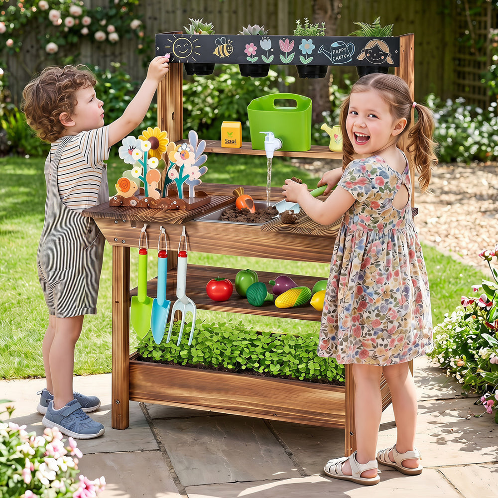 Outdoor wood mud kitchen for kids features a water faucet, planter, and removable pots for gardening fun and creativity.