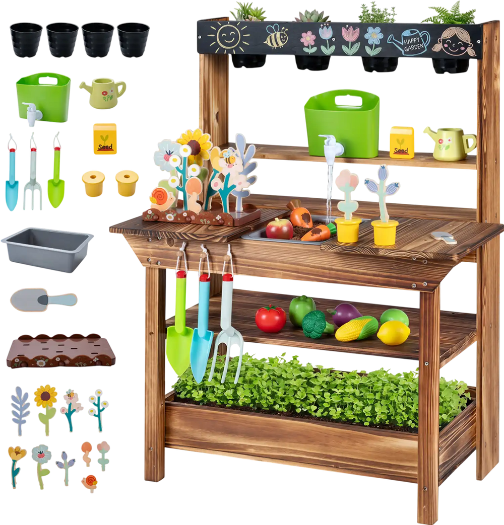 Outdoor wood mud kitchen for kids features a removable sink, planter box, and gardening tools for creative play.