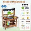 Outdoor wood mud kitchen for kids features a sink, planter, and gardening tools, perfect for creative outdoor play.