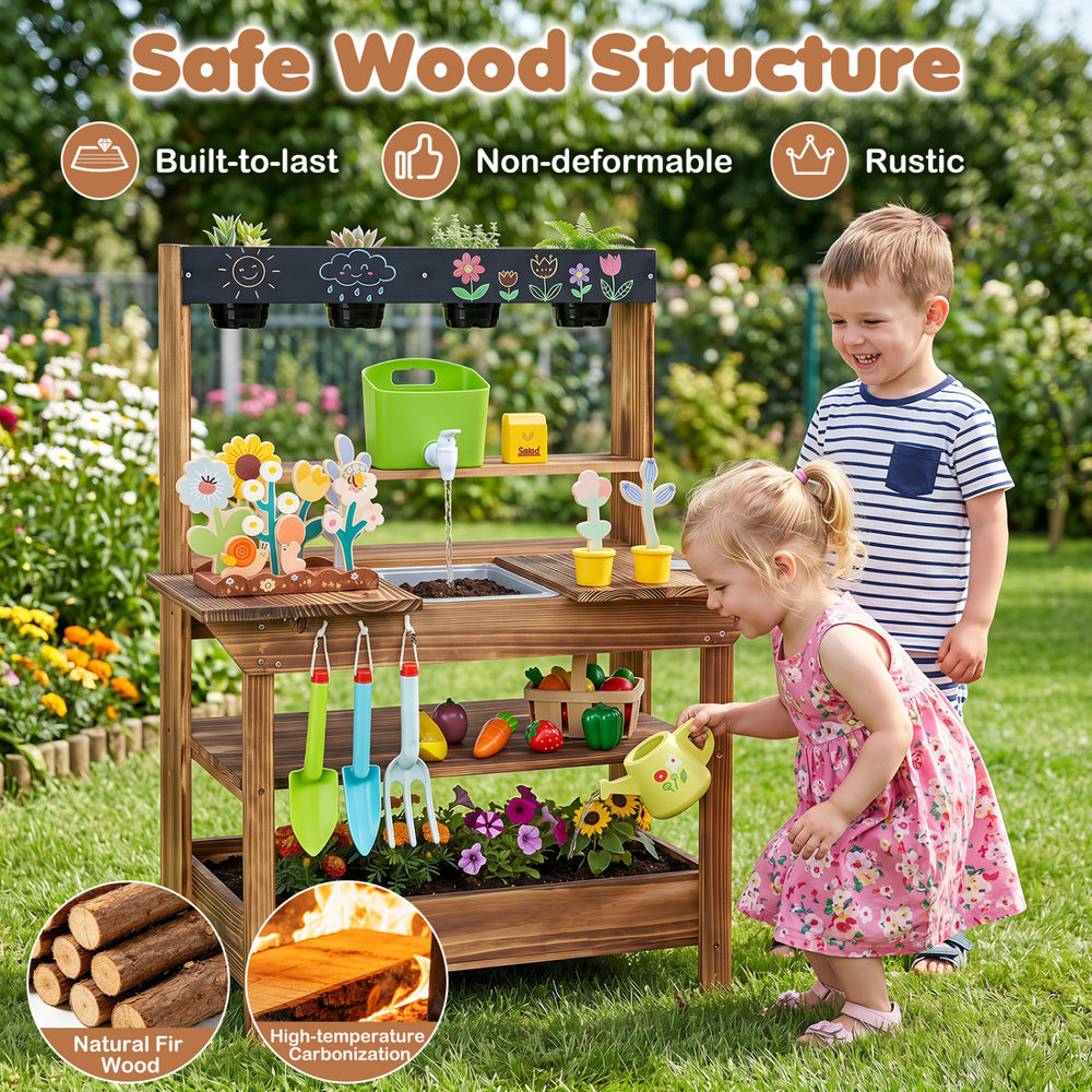 Outdoor wood mud kitchen for kids features a removable sink, planter box, and natural fir wood construction for safe play.
