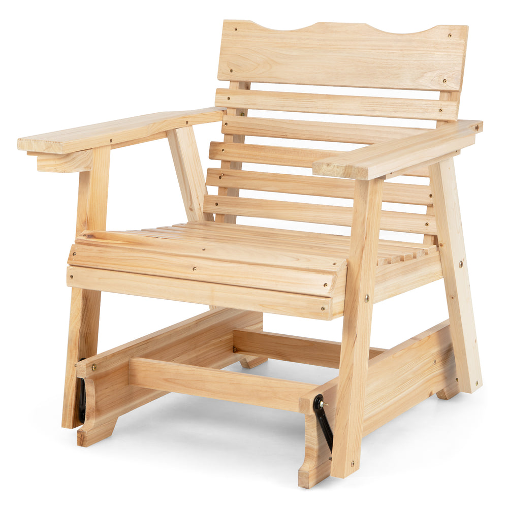 Outdoor wood rocking chair with high back, widened armrests, and durable fir wood frame for indoor or outdoor use.