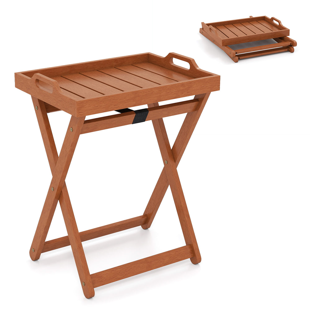 Portable outdoor wood tray table with folding frame, featuring a natural finish and side handles for easy serving.