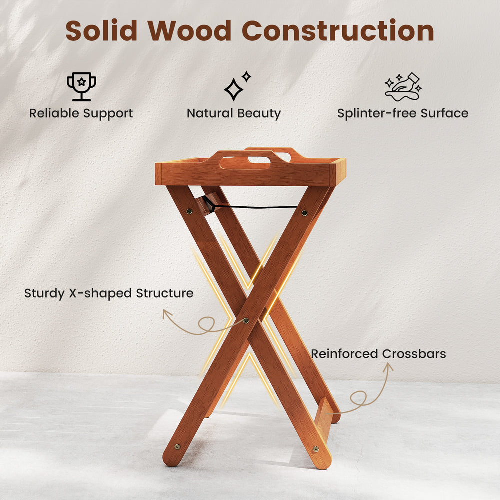 Portable side end table with solid wood construction, X-shaped structure, and removable tray for outdoor convenience.