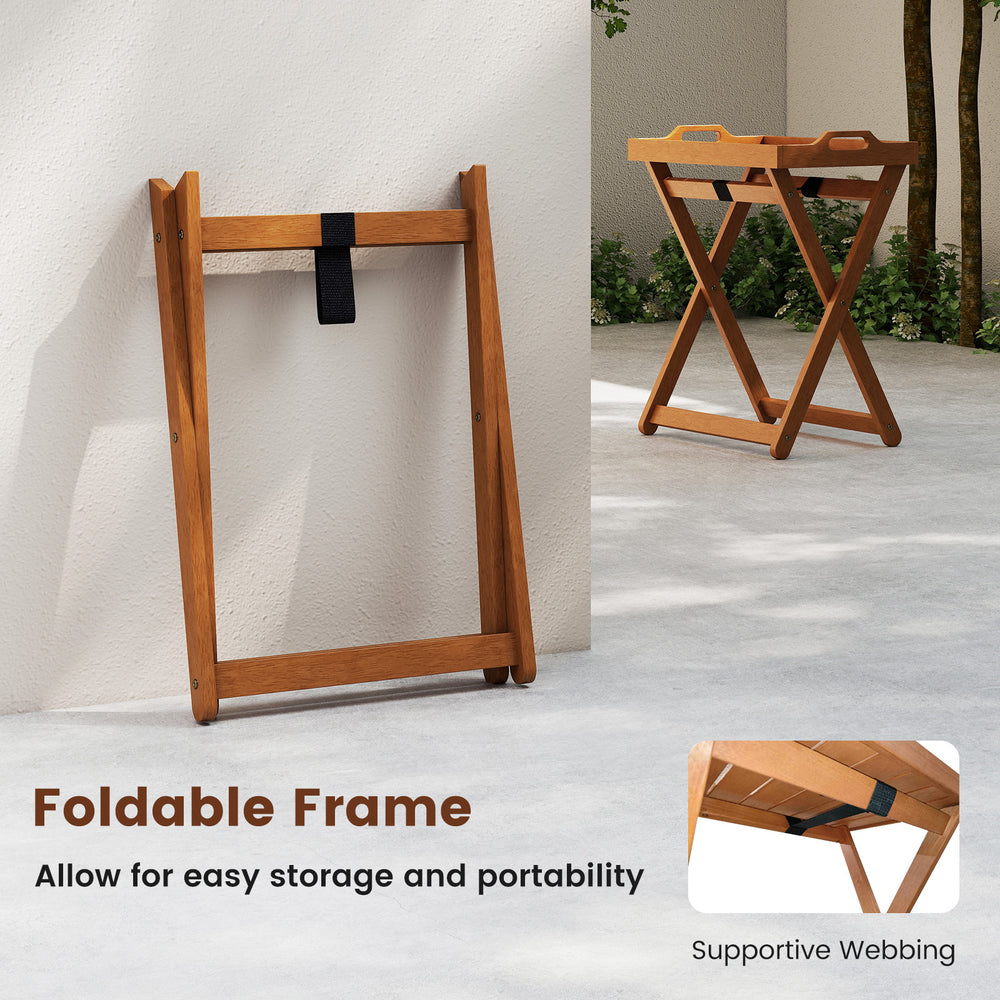 Foldable outdoor wood tray table with supportive webbing, perfect for easy storage and serving in patio or garden.
