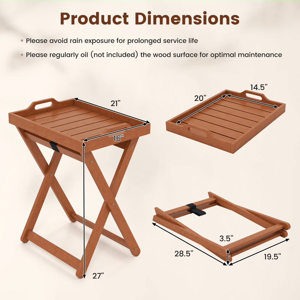 Folding outdoor wood tray table with side handles, 21" x 16" surface, ideal for patio or garden serving.