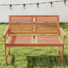 Two-person outdoor wooden bench with slatted backrest and seat, perfect for patio or garden relaxation.