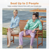 Two-person outdoor wooden bench with slatted backrest, ideal for patio relaxation and comfort.