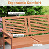 Outdoor wooden bench with slatted backrest and seat, featuring a 105° inclined backrest and cozy armrests for two.