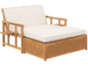 Outdoor wooden daybed with removable white cushions and 4-level backrest, perfect for backyard relaxation.