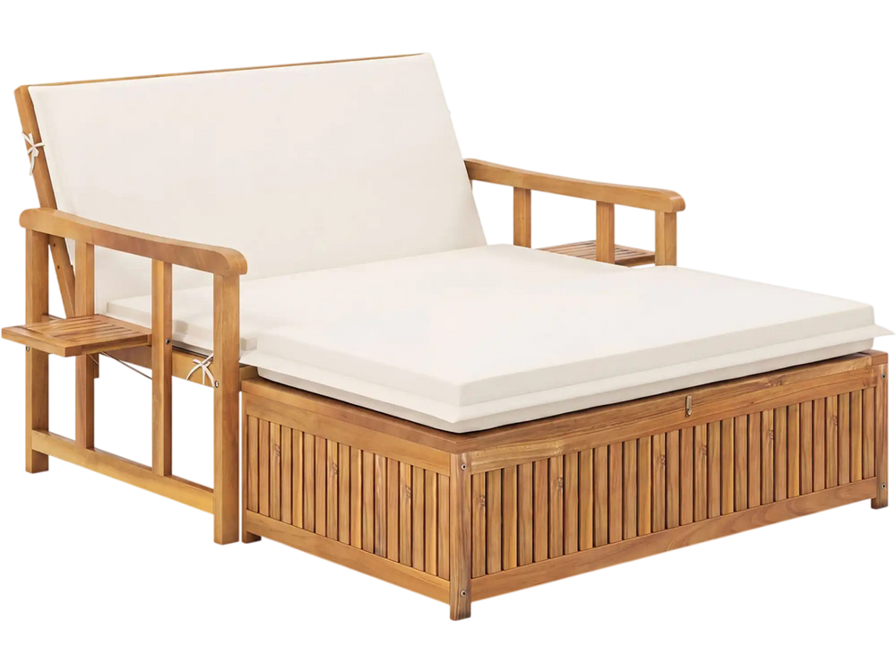 Outdoor wooden daybed with removable white cushions and 4-level backrest, perfect for backyard relaxation.