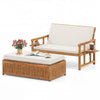 Outdoor wooden daybed set featuring a loveseat and multifunctional ottoman with white removable cushions for backyard.
