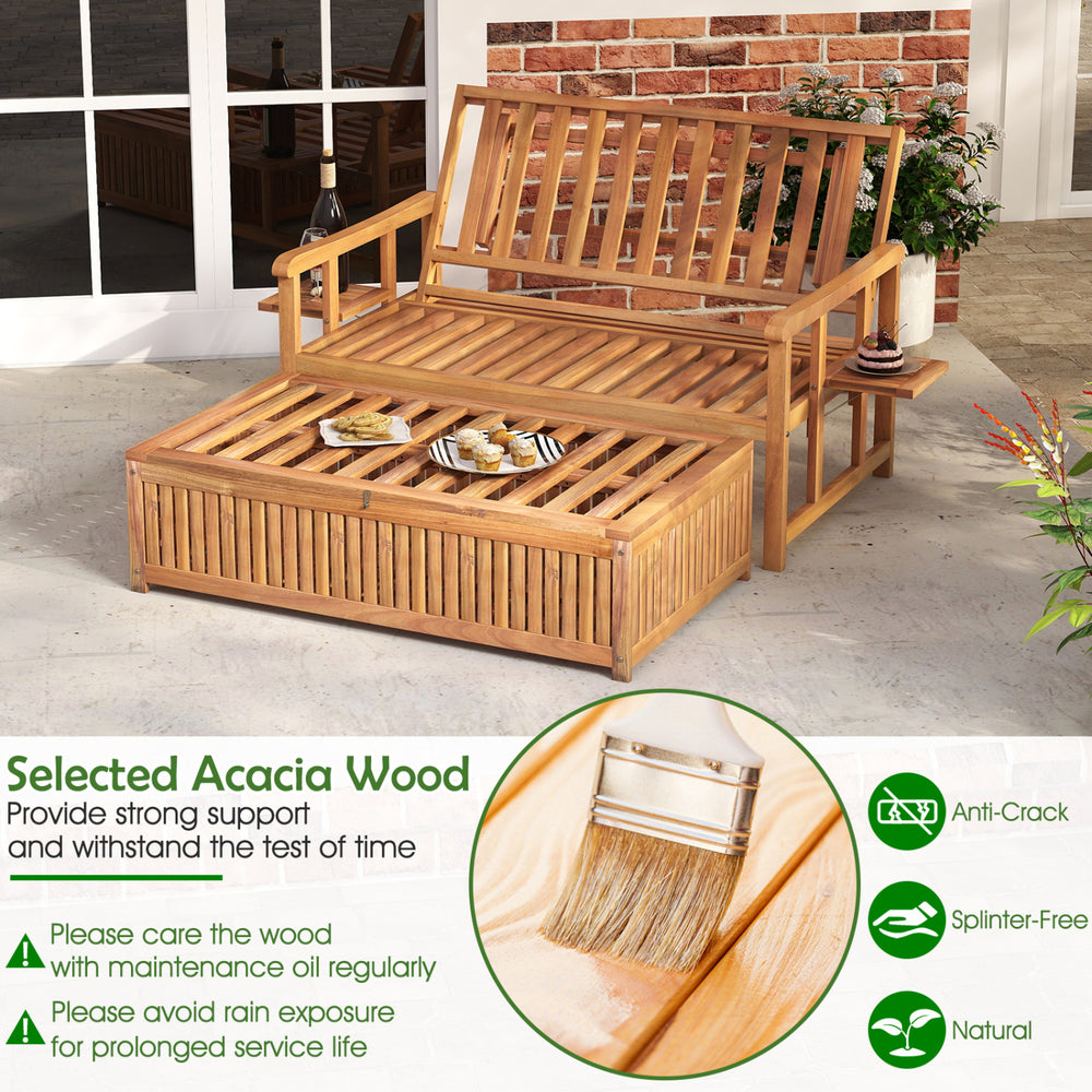 Outdoor wooden daybed with adjustable backrest, acacia wood frame, and removable cushions for backyard relaxation.