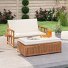 Outdoor wooden daybed with white removable cushions, featuring a 4-level backrest and two folding side tables for.