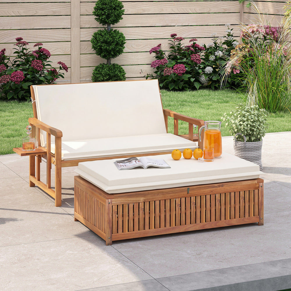 Outdoor wooden daybed with white removable cushions, featuring a 4-level backrest and two folding side tables for.
