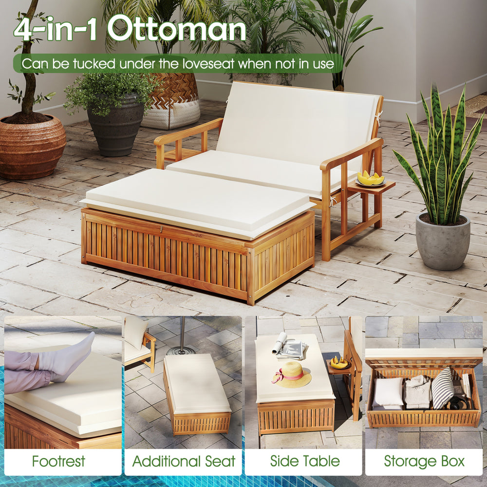 Multifunctional ottoman with storage box and soft cushions, made of acacia wood, ideal for outdoor relaxation.