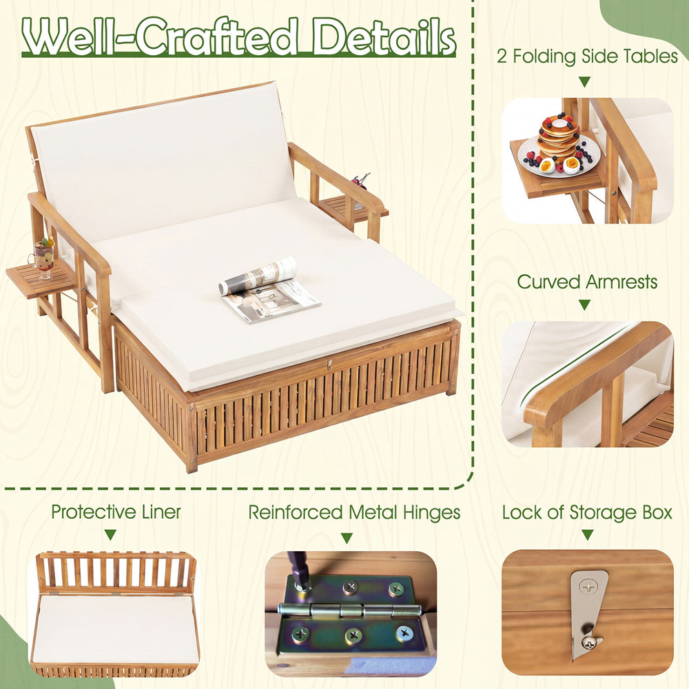 Outdoor wooden daybed with removable cushions, 4-level backrest, and curved armrests, perfect for backyard relaxation.