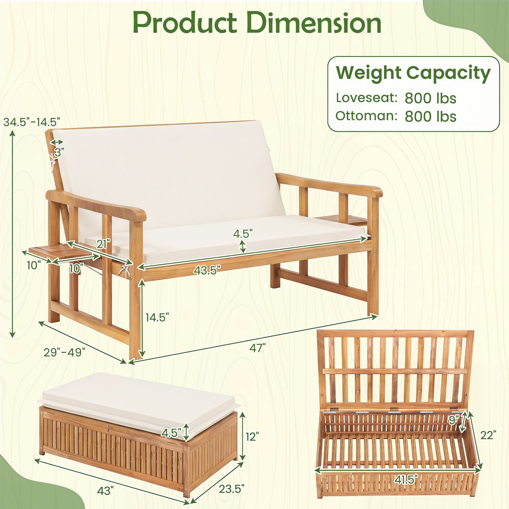 Dimensions of the Outdoor Wooden Daybed with removable cushions, featuring a 4-level adjustable backrest and storage.