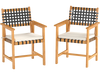 Set of 2 outdoor wooden dining chairs with armrests, curved back, and padded cushions for comfort and support.